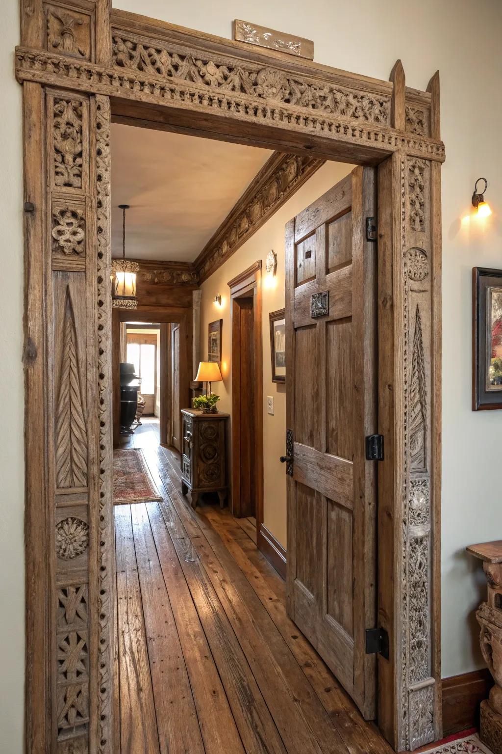 A rustic door frame crafted from reclaimed wood, exuding vintage charm.