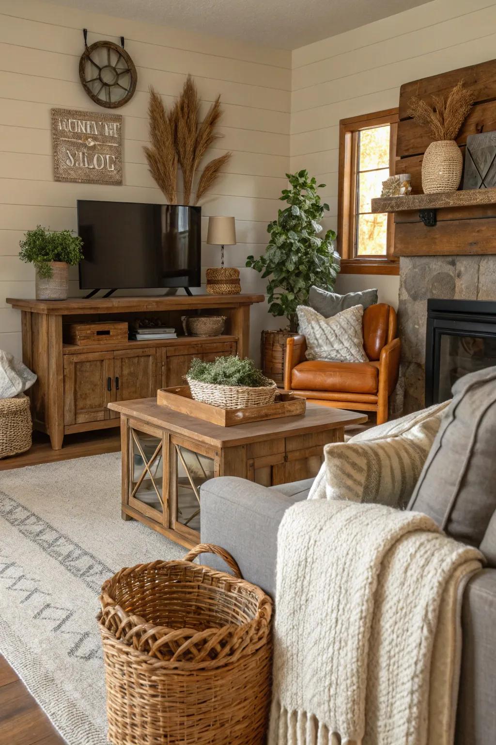 A family room with a cozy natural palette of browns, creams, and grays.
