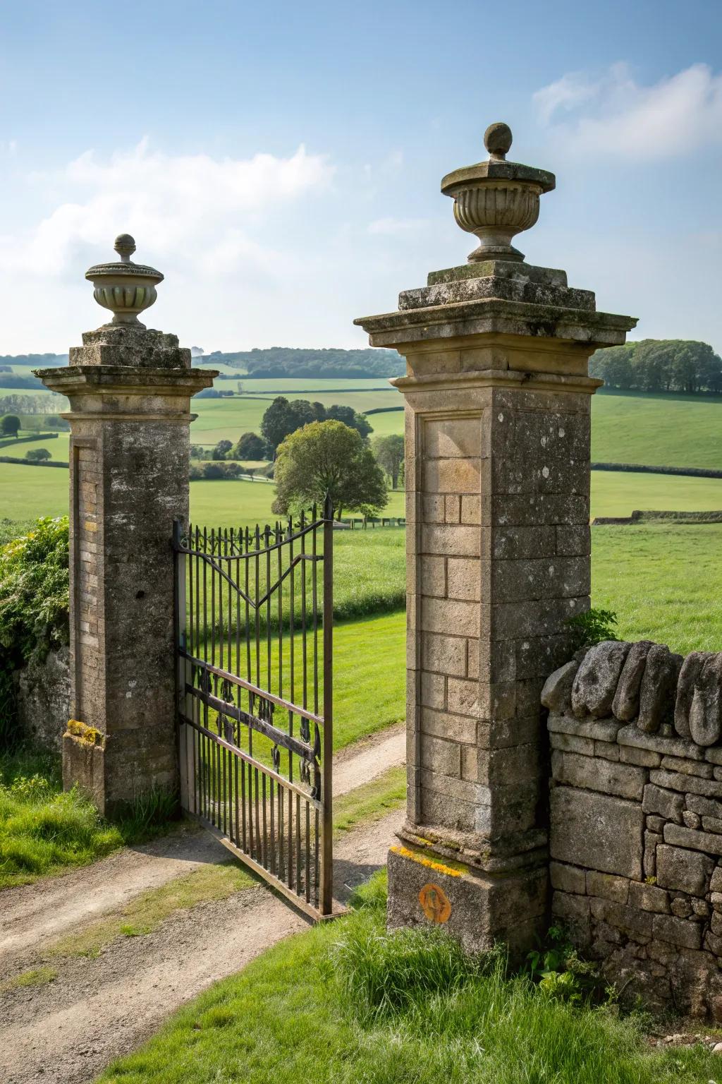 A countryside entrance lined by sturdy stone supports.