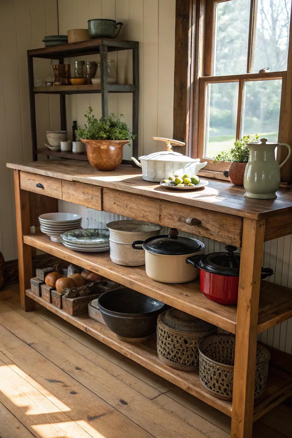 A rustic kitchen island featuring exposed shelves, ideal for presenting treasured kitchen items.