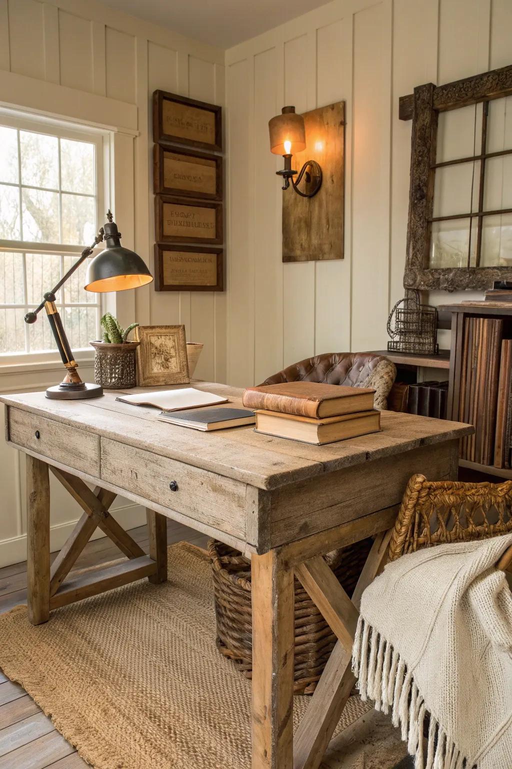 Welcome the charm of a distressed timber work table as the central attraction of your countryside office.
