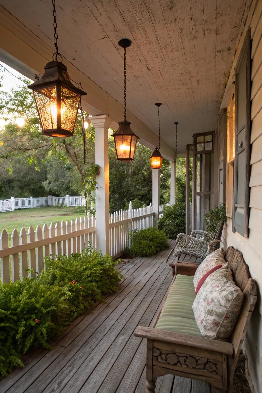 Charming lights make a magical setting on a country-style porch.