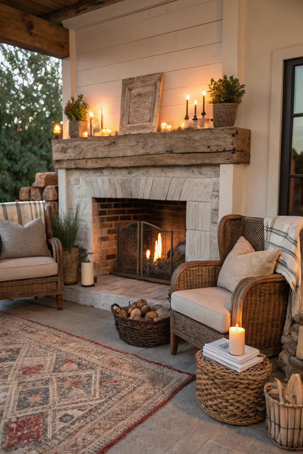 An upcycled wood mantelpiece enriches the appeal and history of this rustic fireplace.