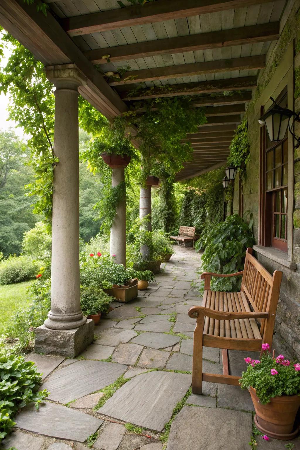 Stone pathways and pillar accents contribute an organic and earthy element to a rustic porch.
