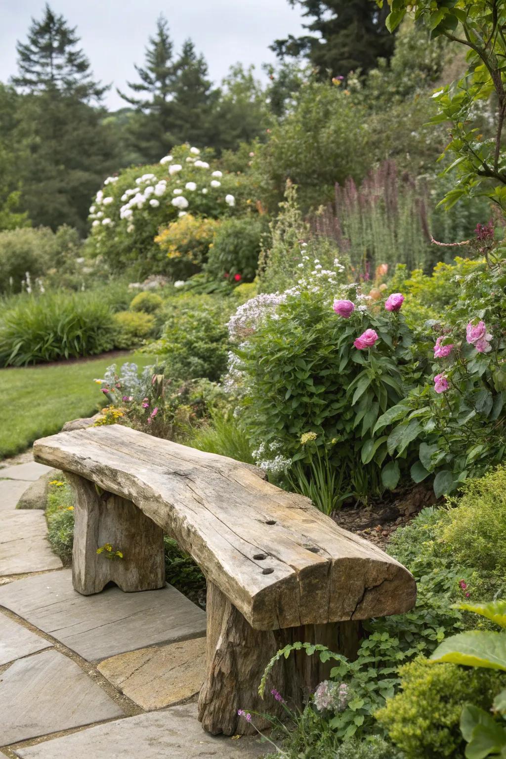 A natural edge garden bench integrating effortlessly with its natural backdrop.