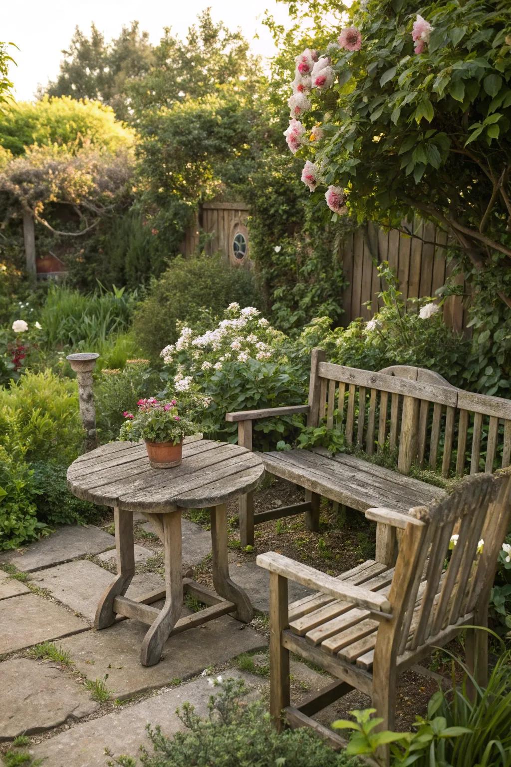 A wooden furniture set creating a comfortable space in the garden.