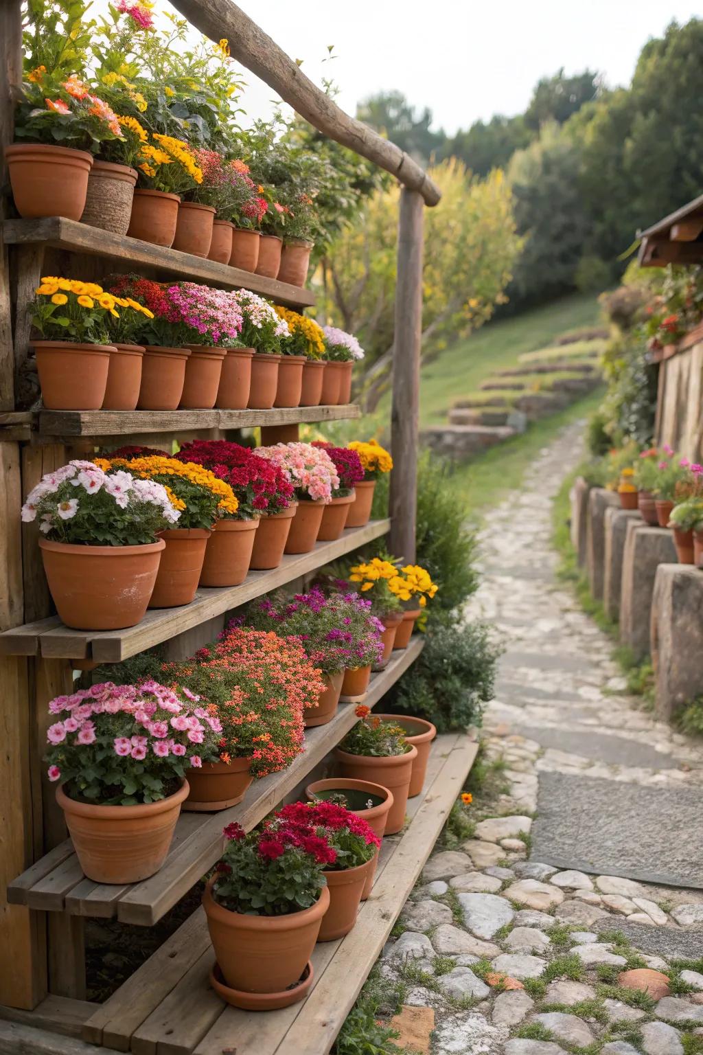 A dynamic layered exhibition of earthenware pots and blooms.
