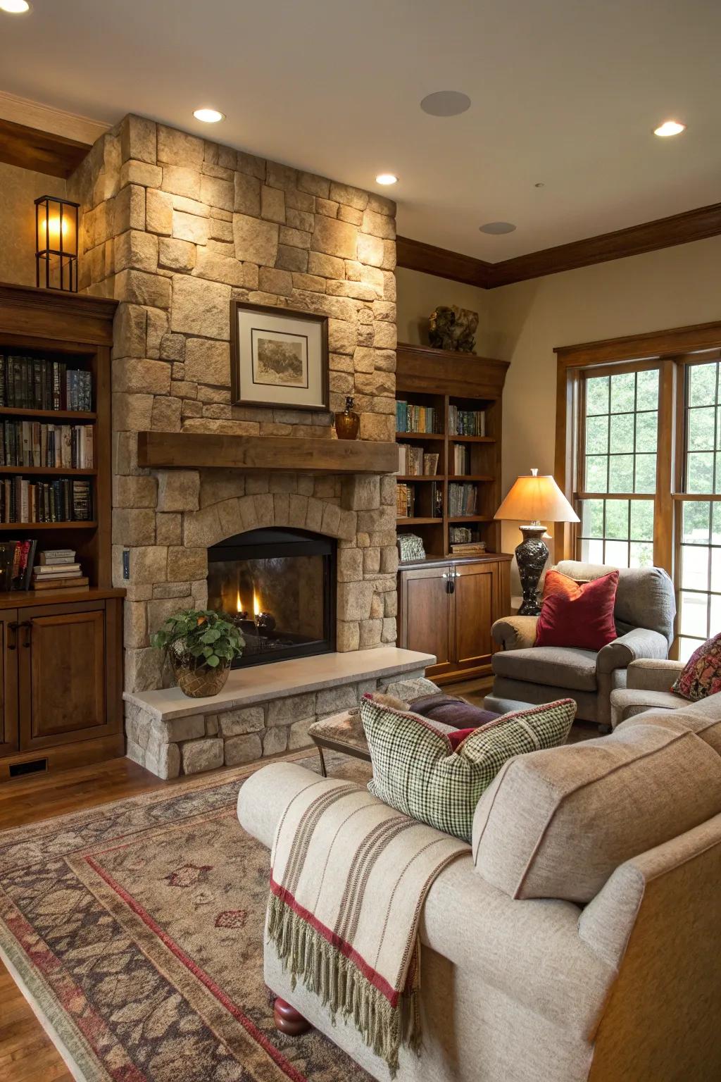 An expansive stone fireplace setting a snug ambiance.