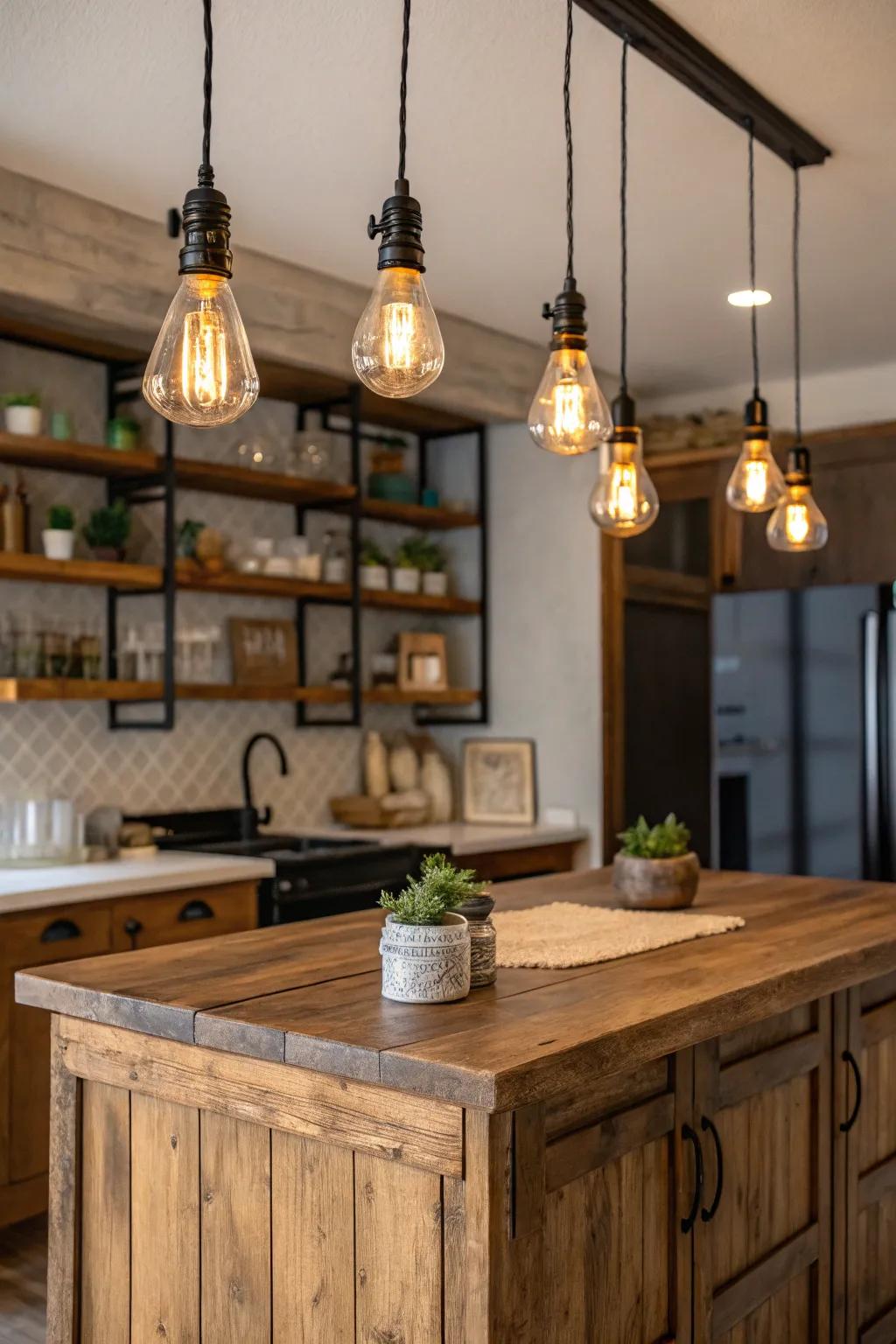Glowing orb lamps establish a cozy and welcoming kitchen atmosphere.