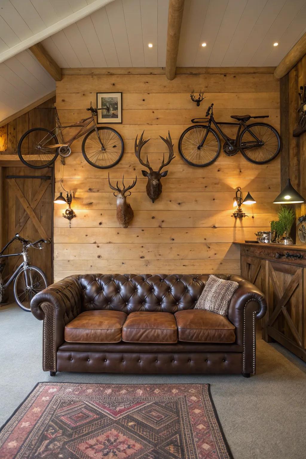 A sumptuous leather couch introduces sophistication and comfort to this countryside retreat.