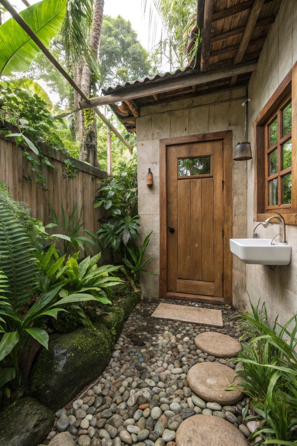 Stone and gravel ground covering include an organic touch to this country-style bathroom.