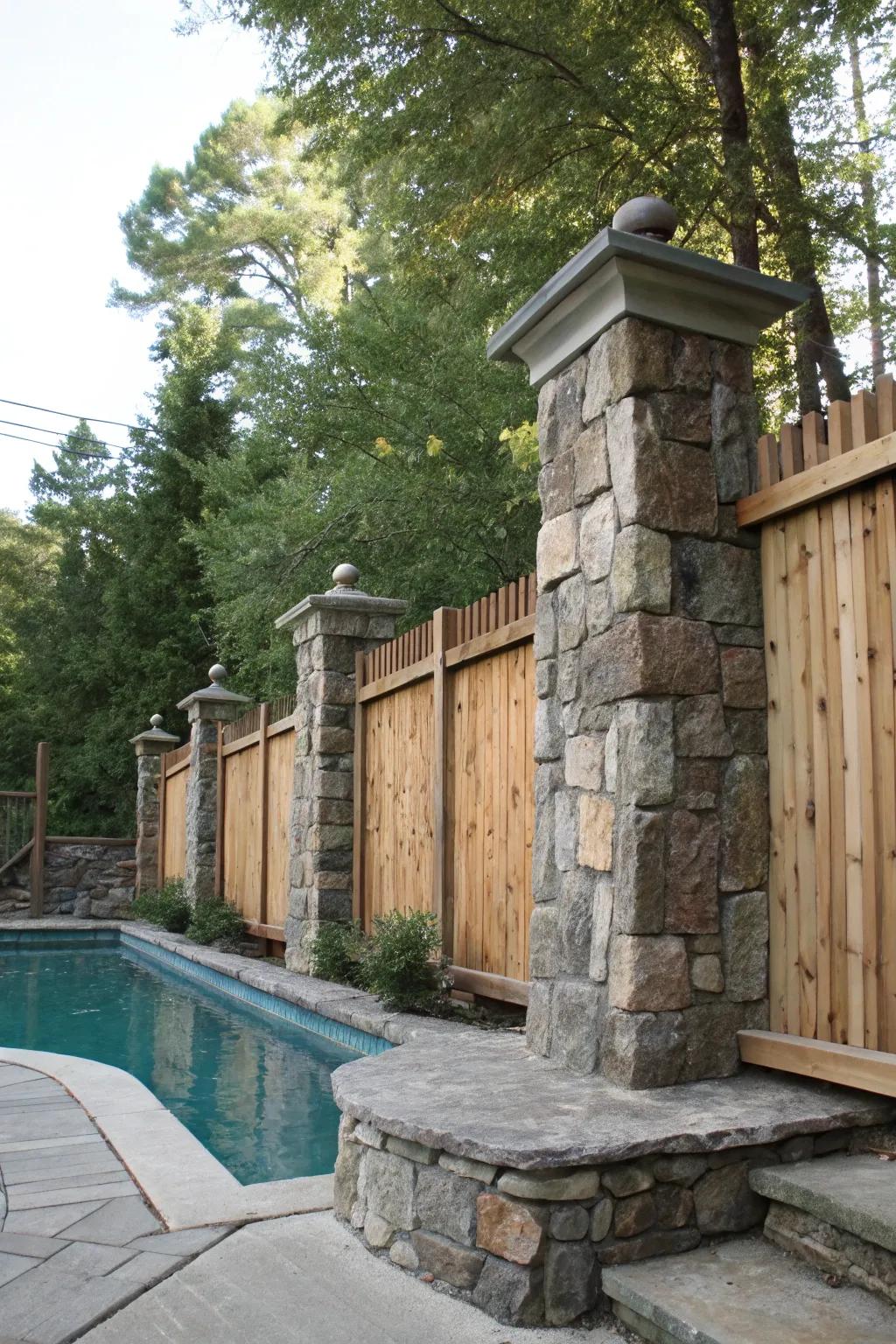 An amicable blend of rock and timber forming a rustic pool barrier.