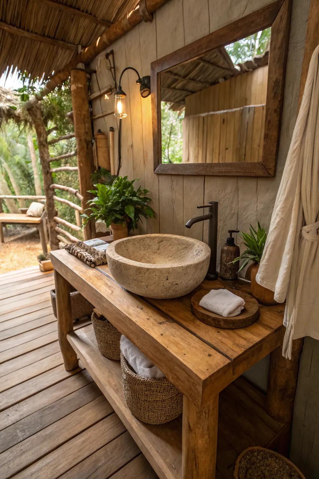 A stone-made sink brings an organic element to the bathroom.
