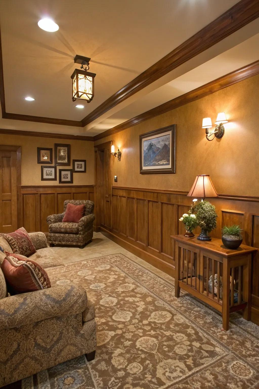 Wainscoting in earthy tones creates a welcoming and warm environment.