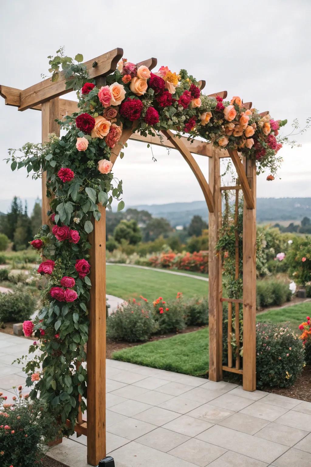 A garden-themed floral arch overflowing with color and vibrancy.