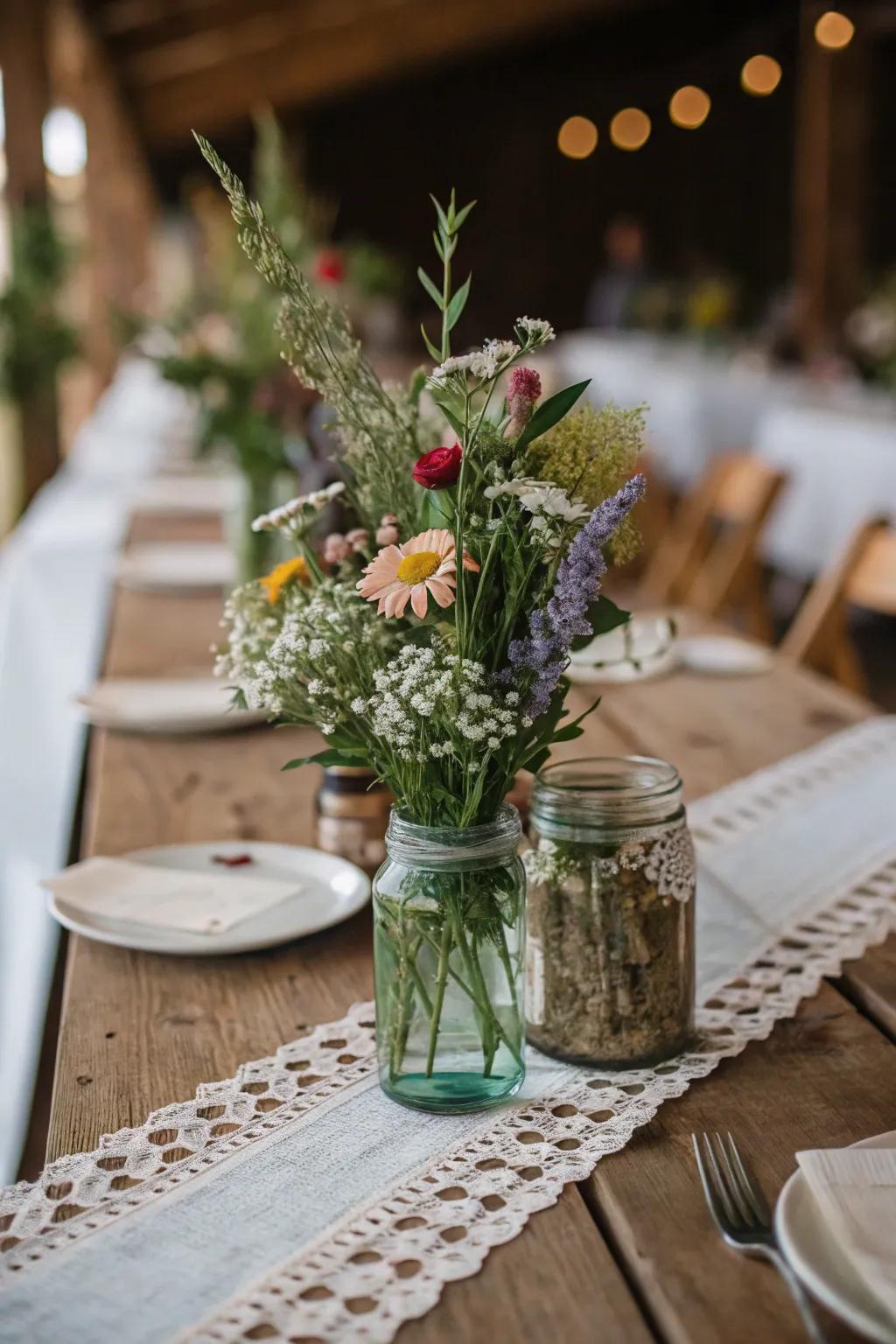 Preserving jar focal points showcasing vibrant untamed blooms.