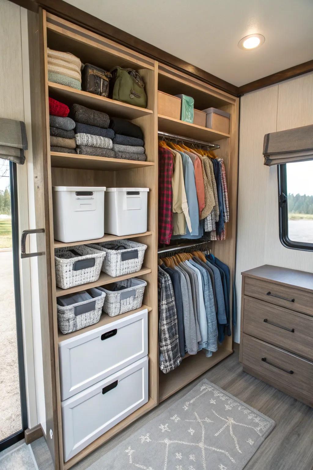 Custom shelves make organizing an RV closet a simple task.