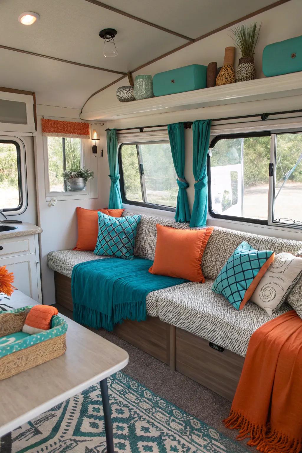 Striking cyan and tangerine highlights breathe life into this RV living space.