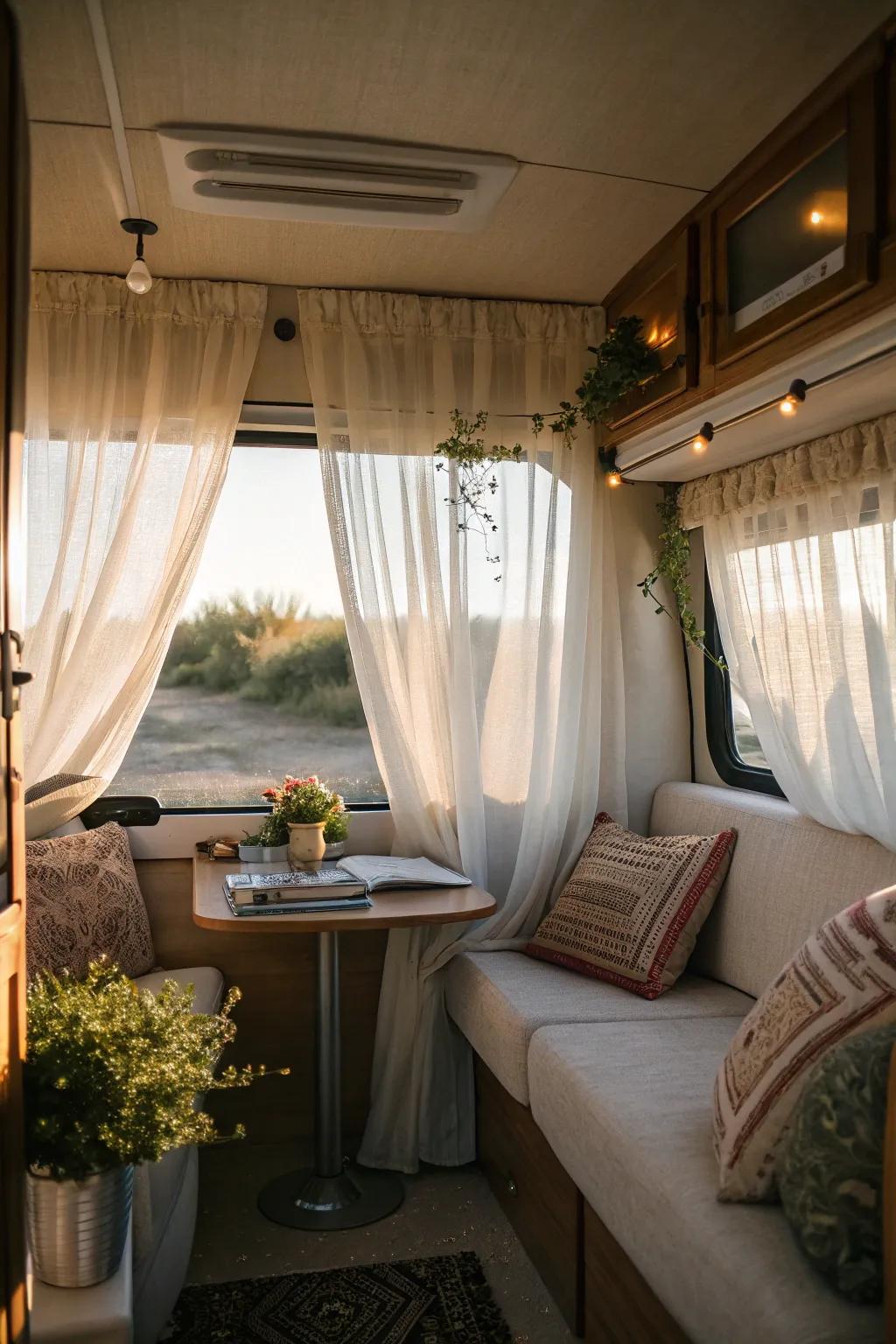 Fill your RV with soft light using transparent curtains.