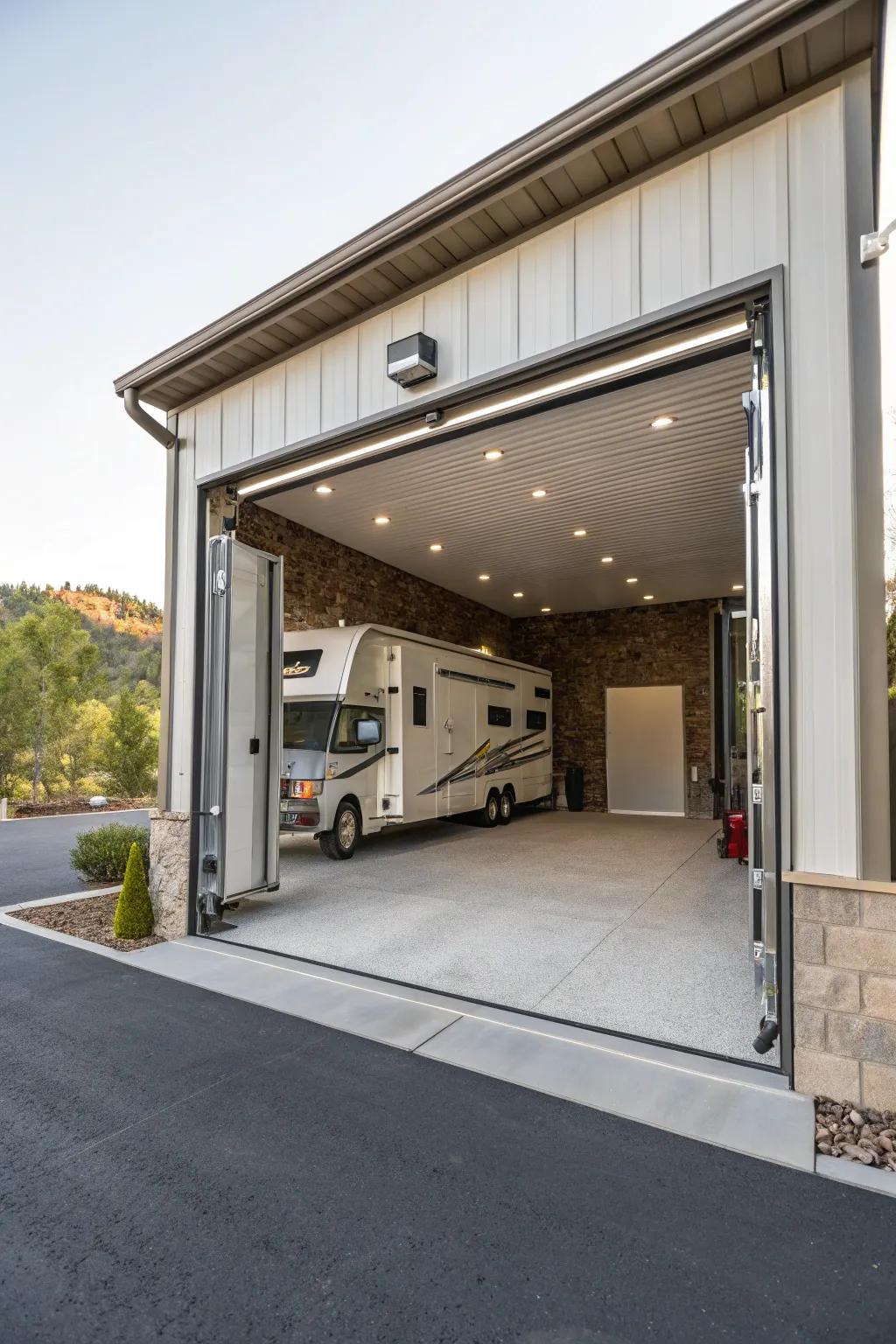 RV garages with flow-through design for straightforward access and ease.