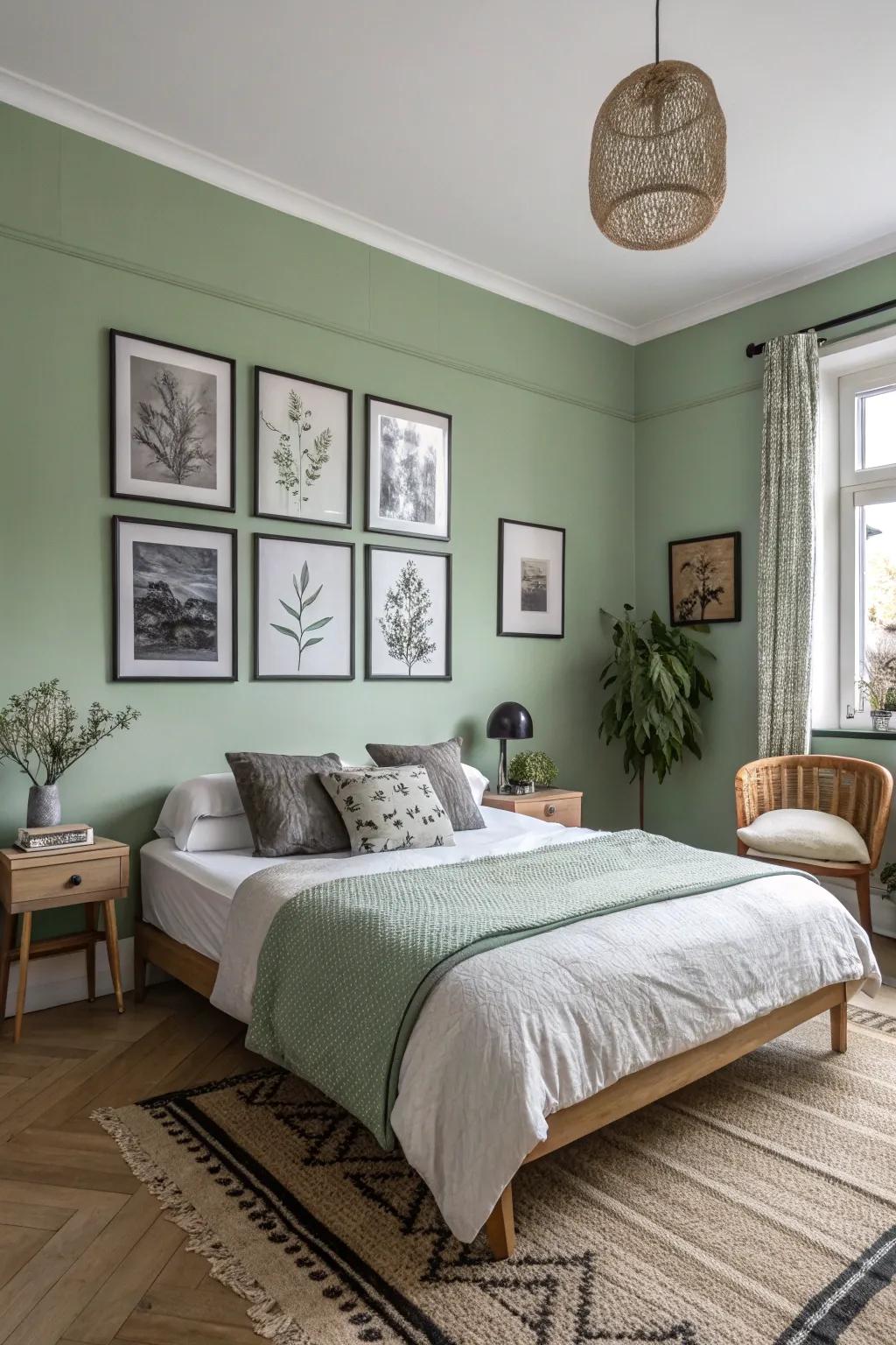 Noir & blanc art enhances depth and a hint of sophistication to verdant walls.