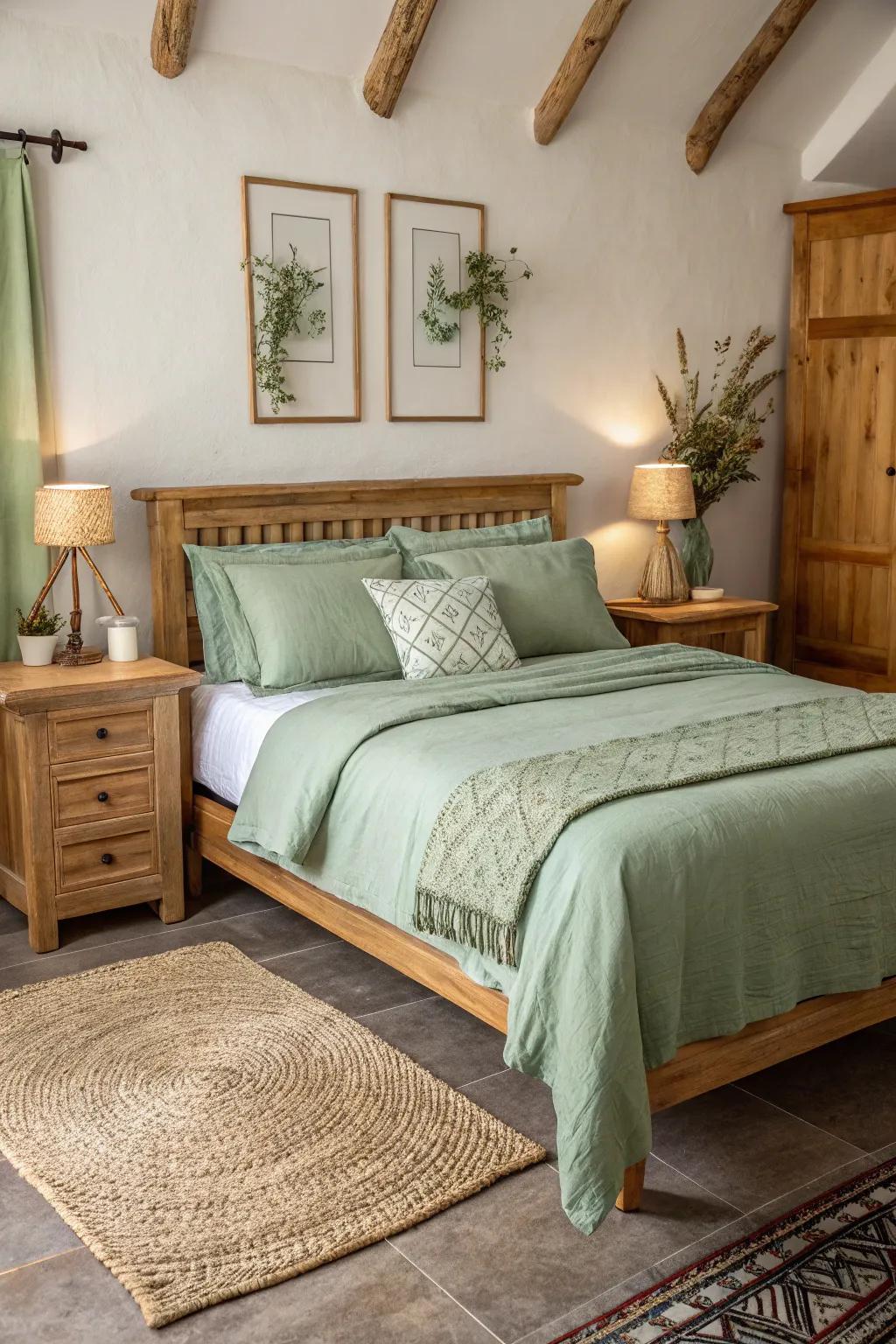 Amplify your bedroom's warmth with soft green and natural wood elements.
