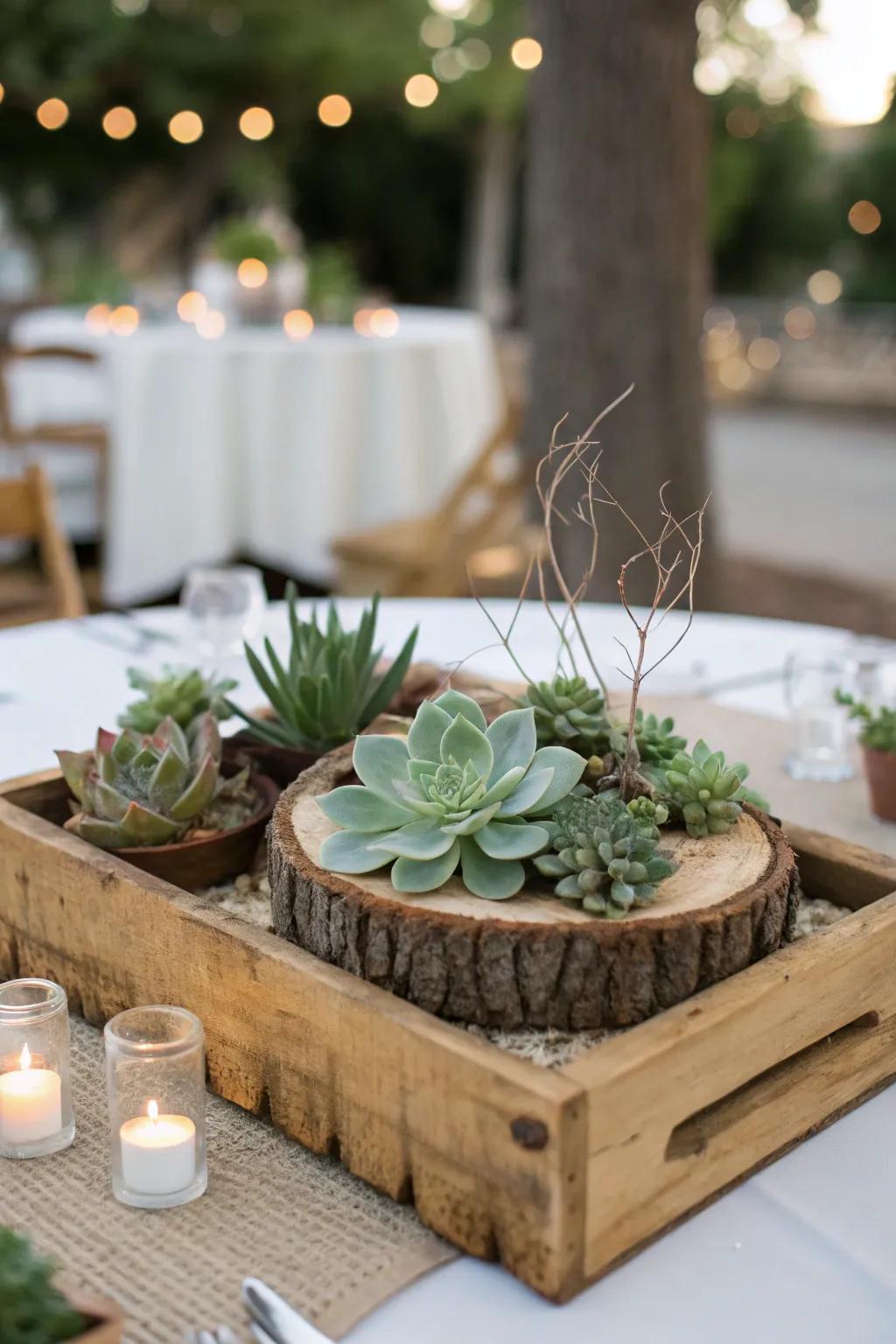 An earthy centerpiece that marries natural textures with calming, muted greens.