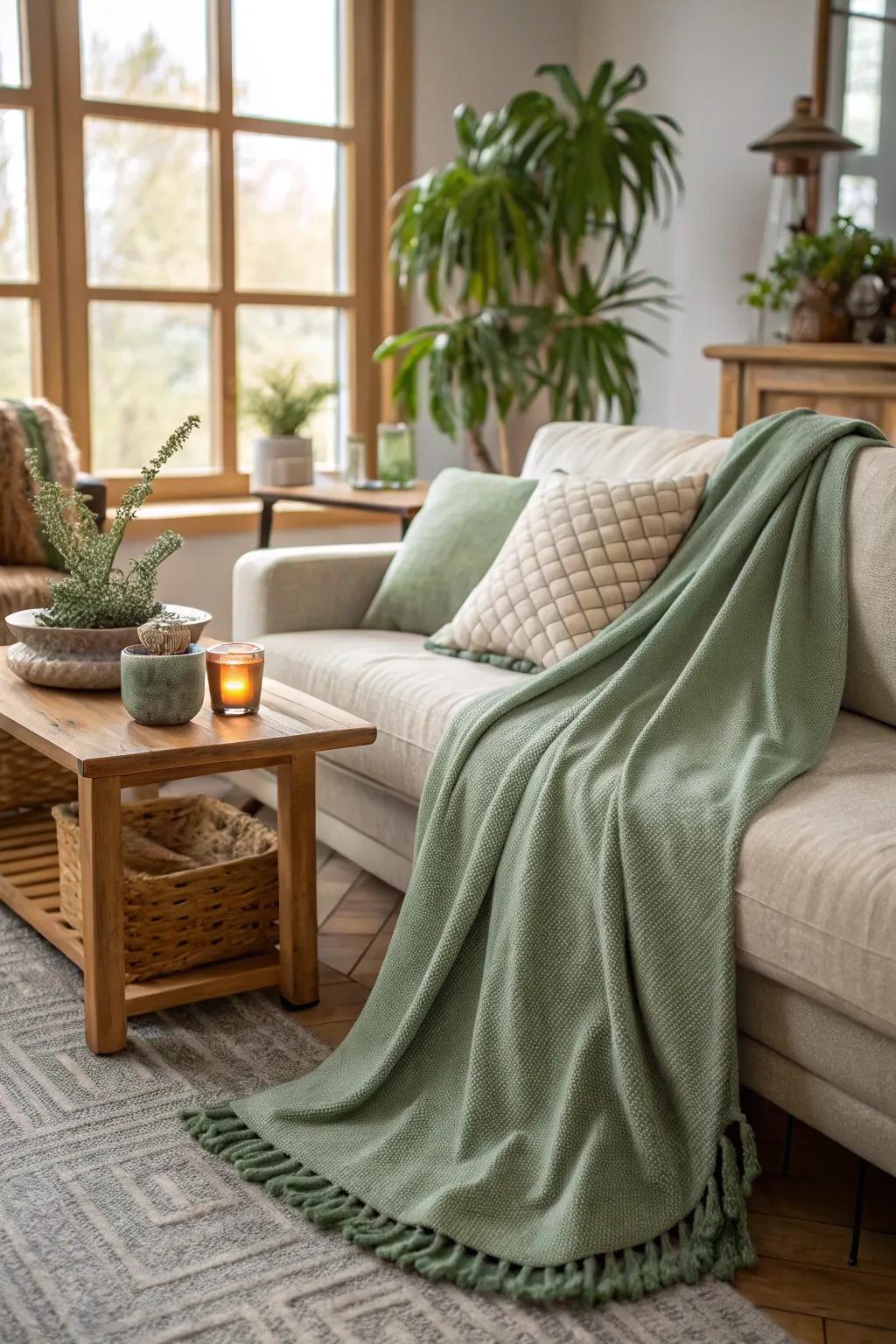 A comforting sage green fleece infuses warmth and style into your abode.