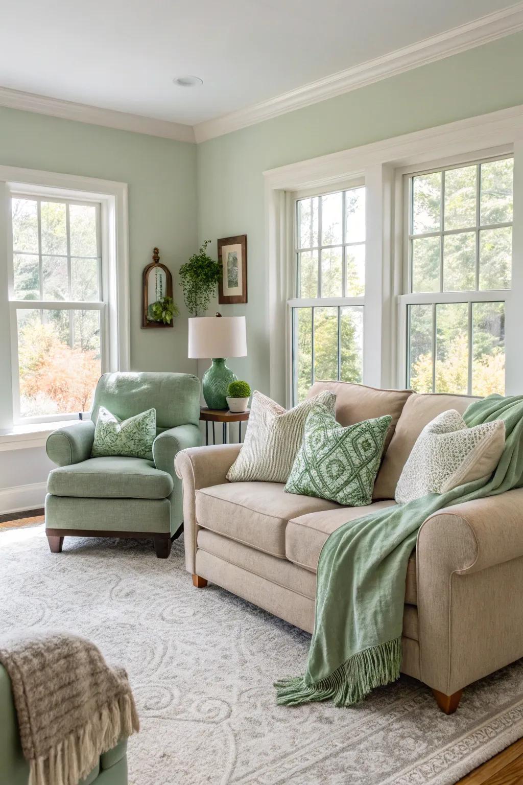 Neutral and natural shades enrich the calming sage green details.