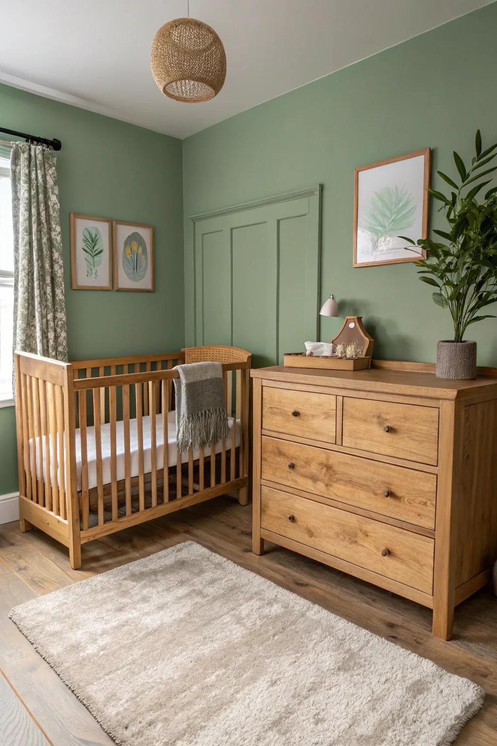 Wooden furniture goes together well with sage green walls.