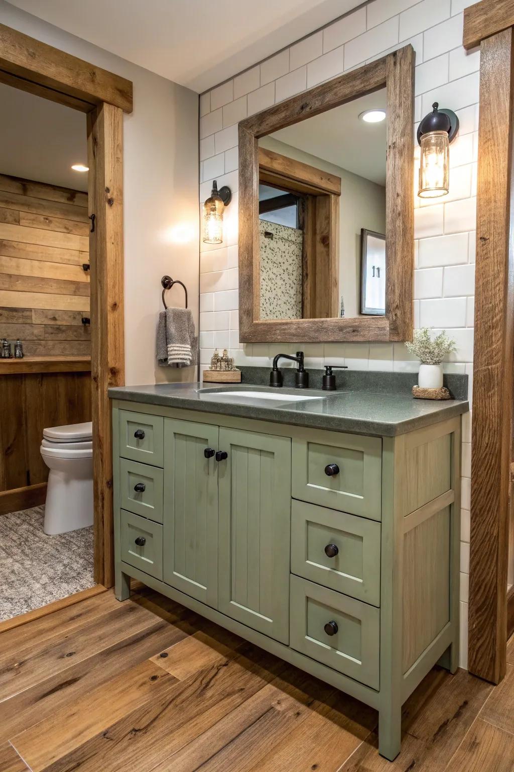 A rustic bathroom featuring a sage green vanity enhanced by natural timber elements.