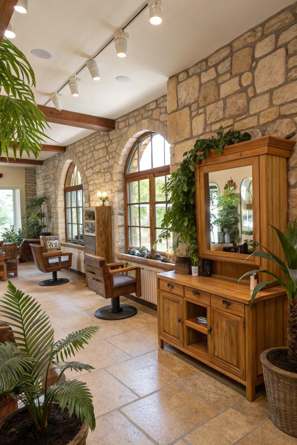 Natural elements lending a soothing influence to the salon's design.