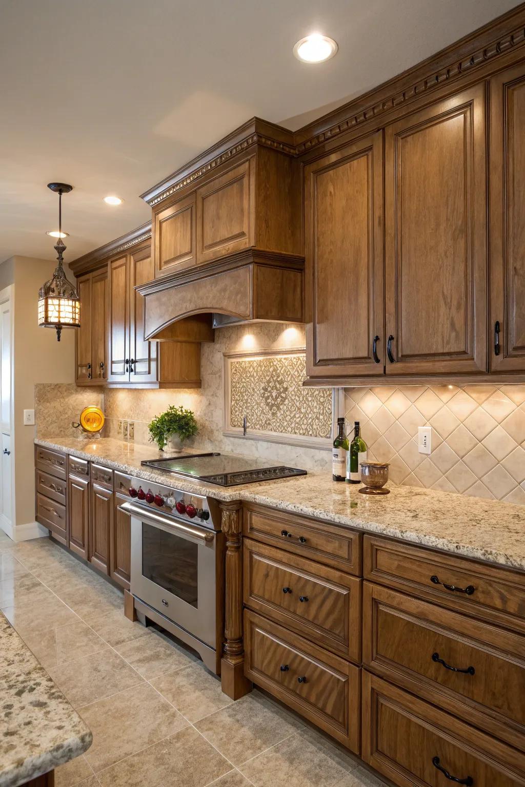 Beige tiles beautifully accentuate the warm undertones in Sierra Gold stone.
