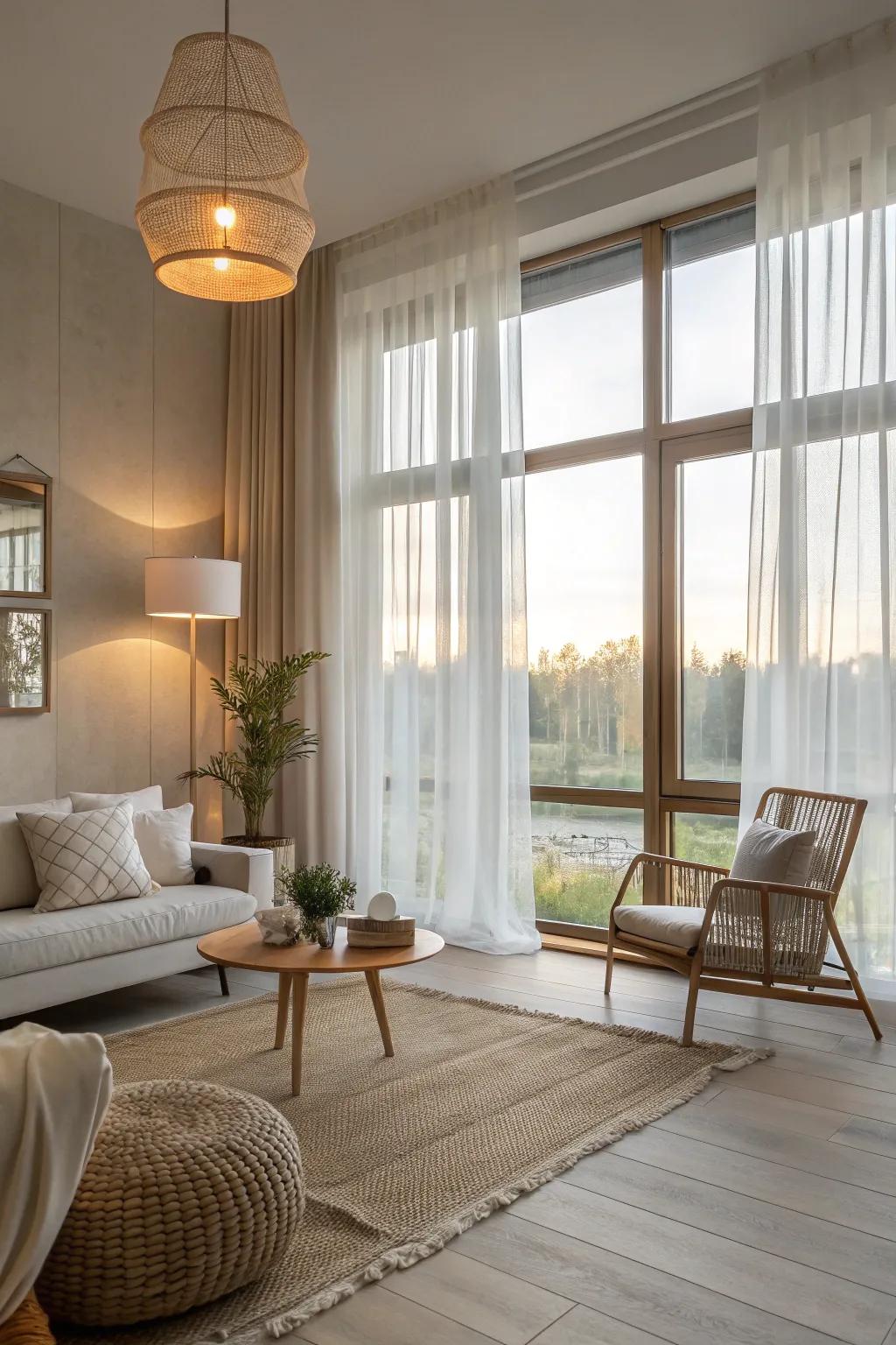 Sunlight pouring into a Scandinavian lounge, producing a spacious and airy sensation.