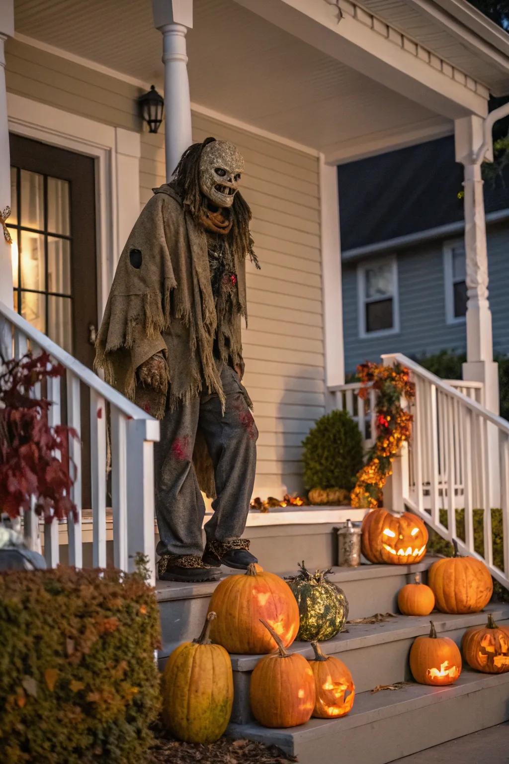 A large figurine stands guard over a Halloween-styled entryway.