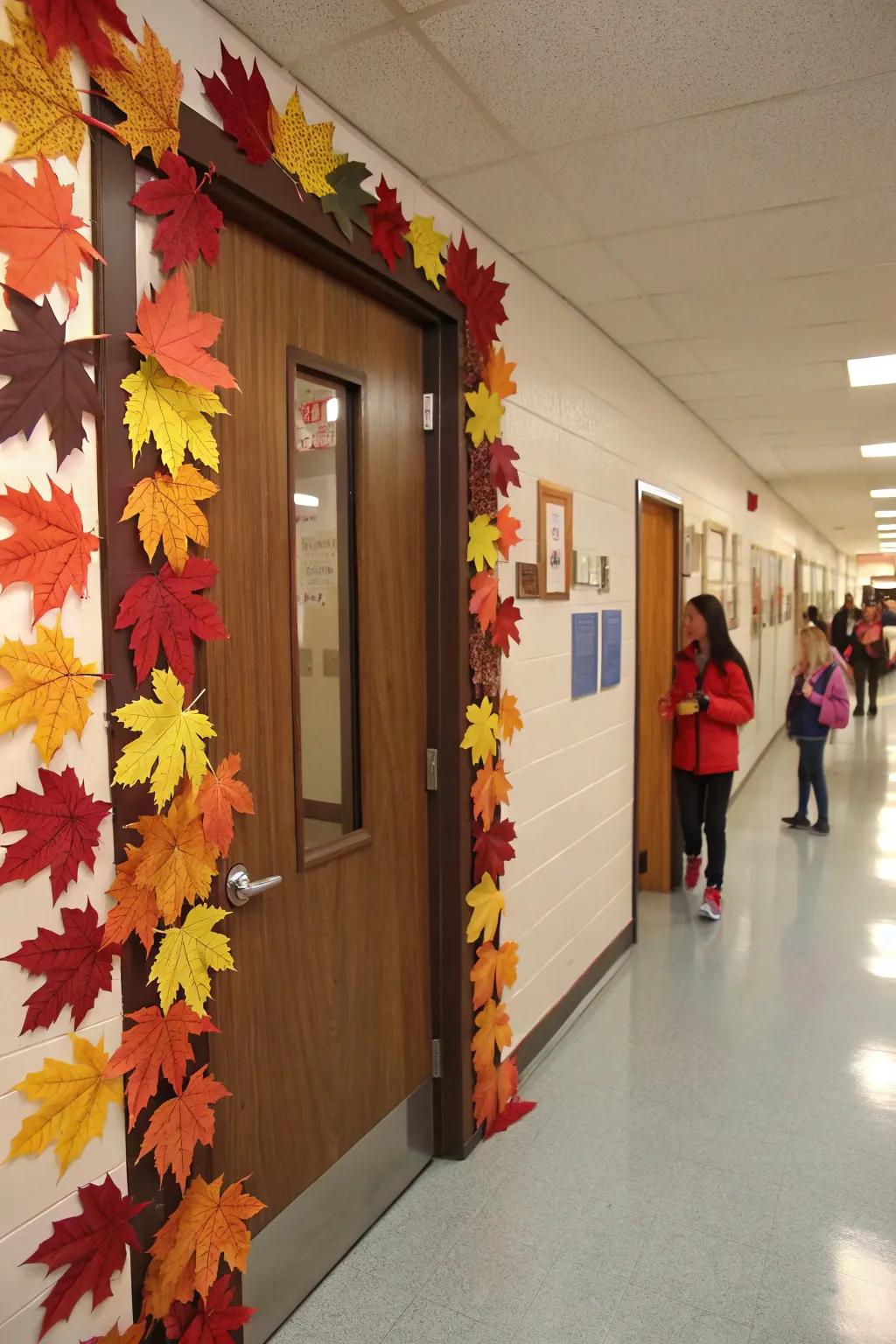 A school door adorned with radiant autumn leaves for a seasonal aesthetic.