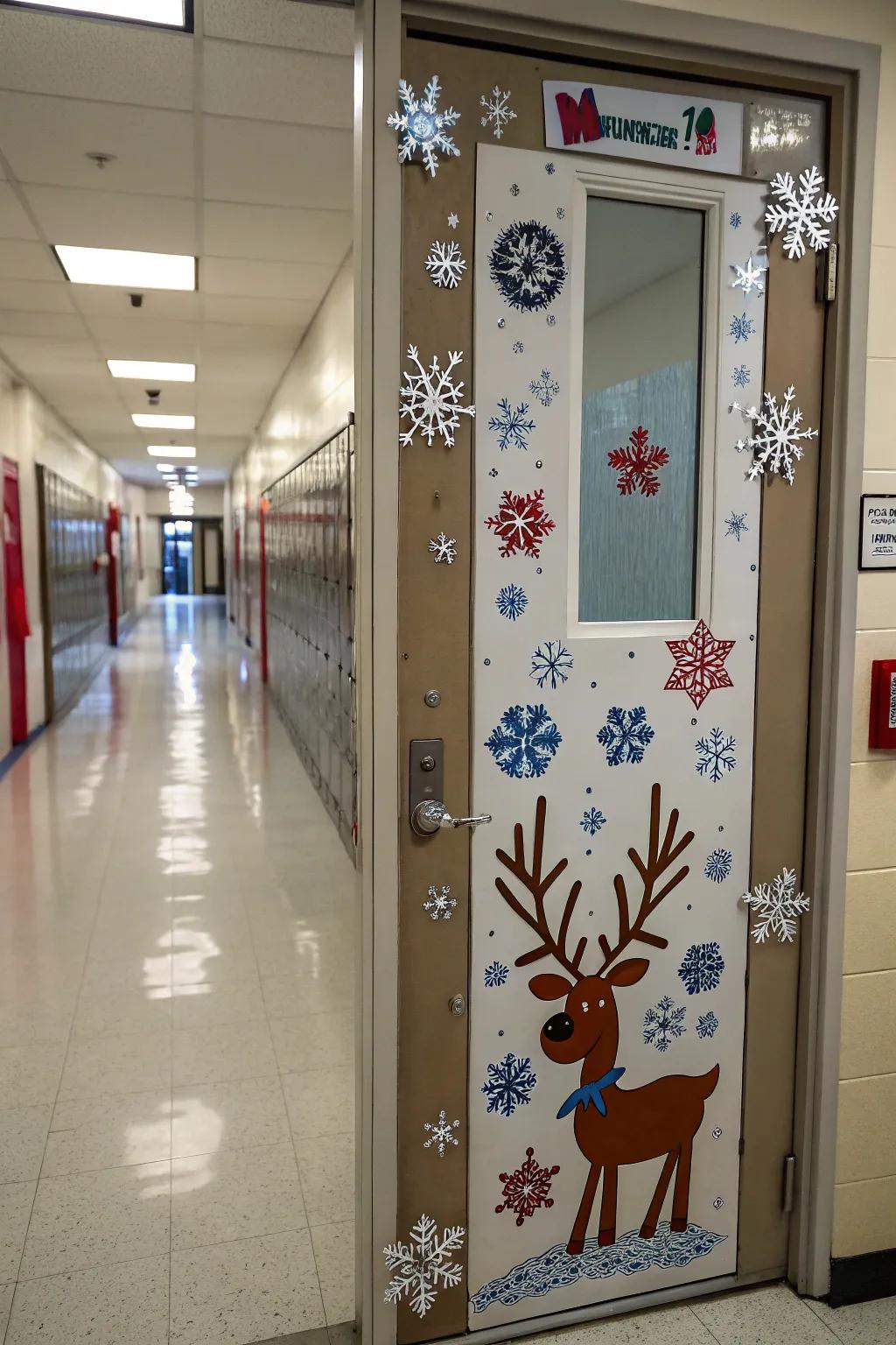 A wintry 'Holiday Clinic' design embellishing the school nurse's entrance.