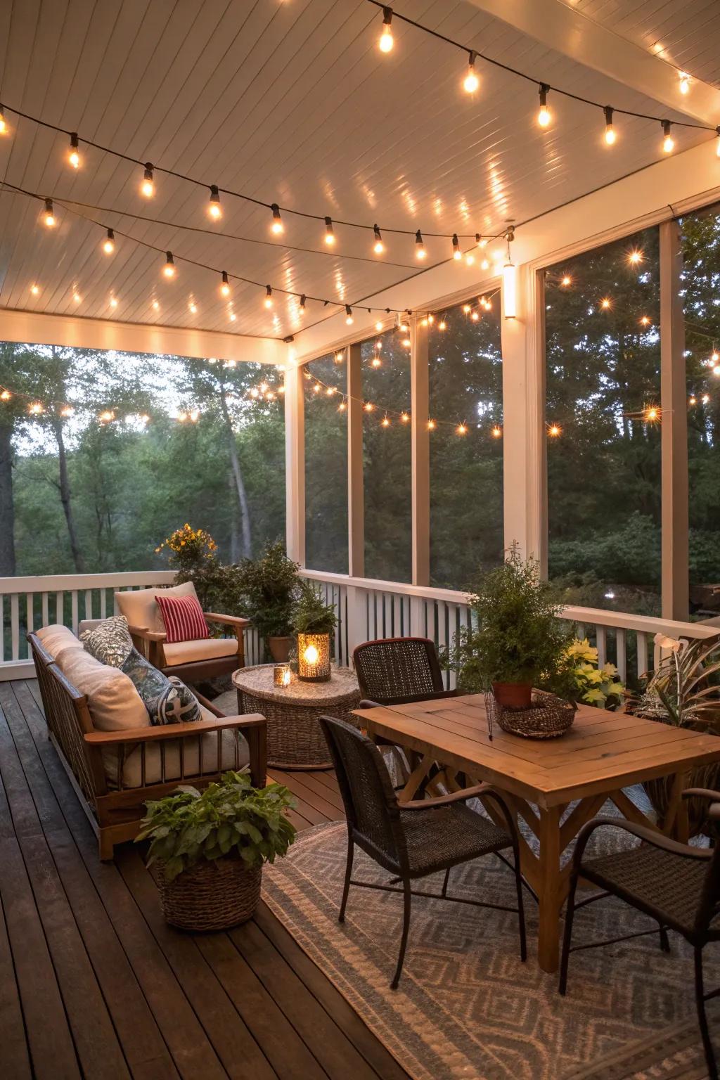 Twinkling string lights provide a magical ambiance on the porch.