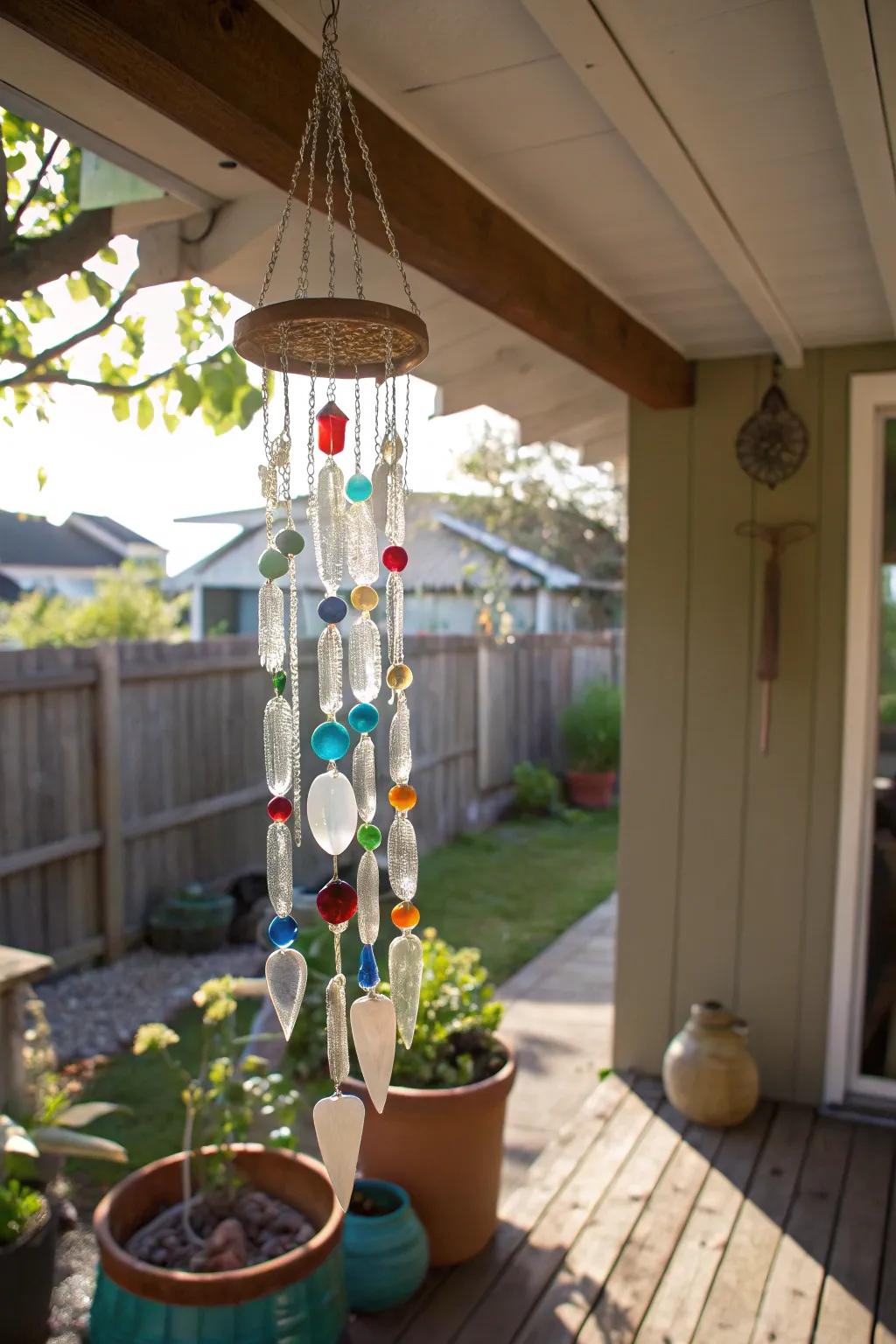 Sea glass wind chimes contribute a whimsical element to outdoor areas.