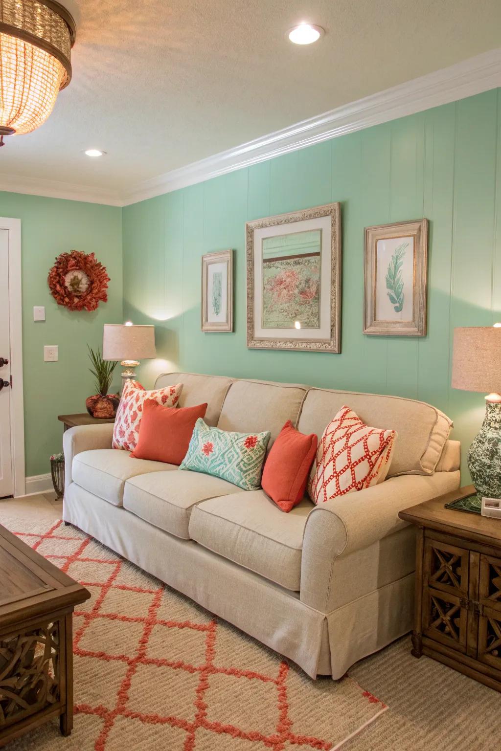 A coastal-inspired living room showcases seafoam green walls and vibrant highlights.