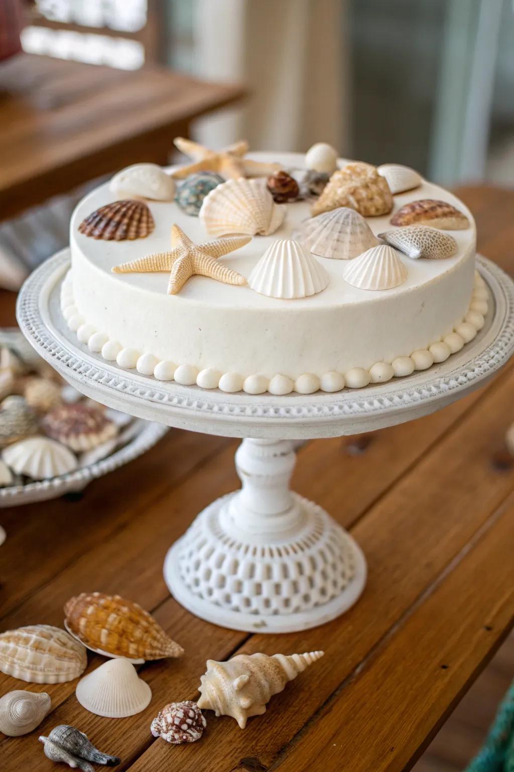 Seashells showcased artfully on a dessert stand, lending stature and allure to your décor.