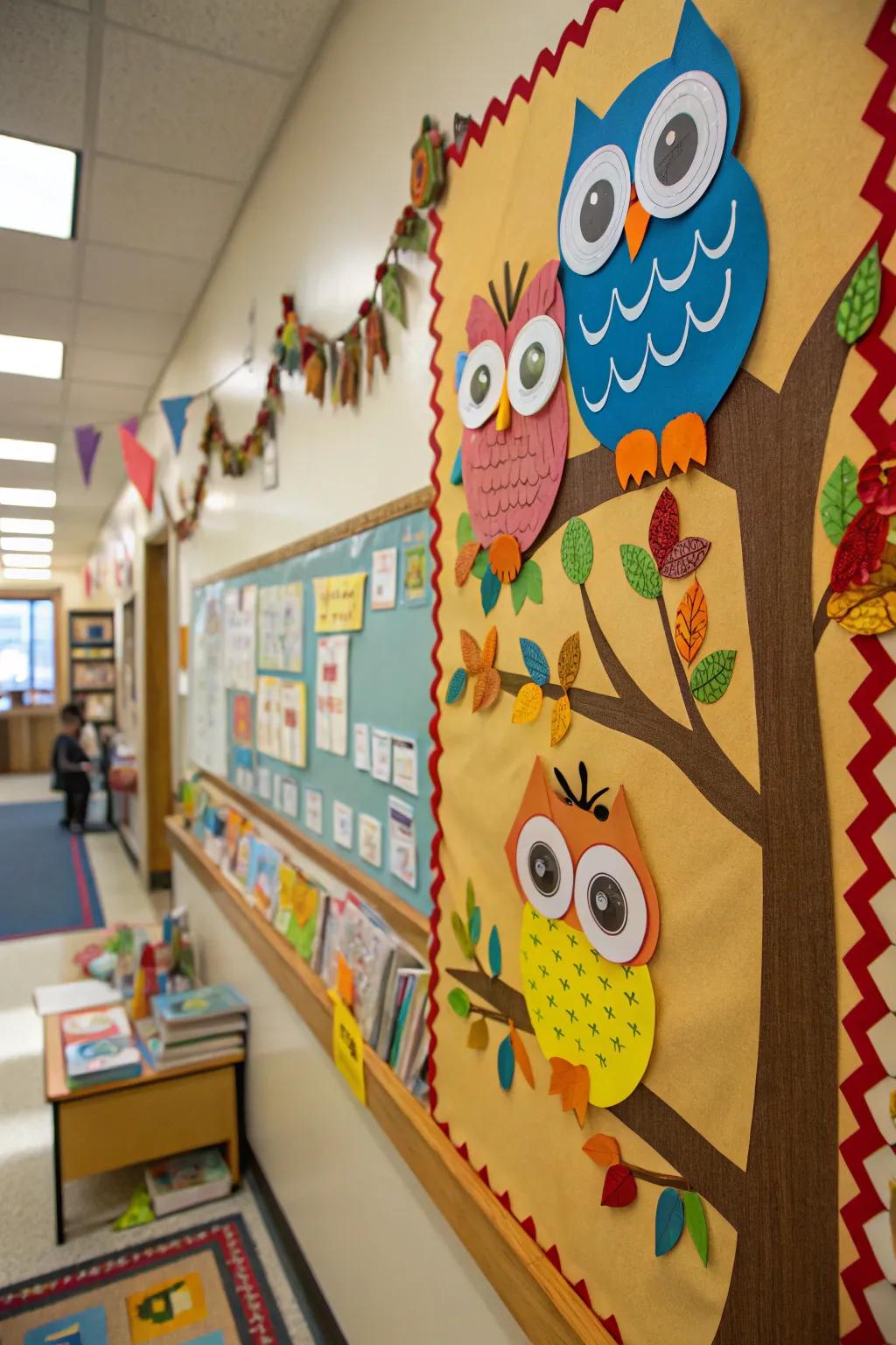A charming owl-themed preschool bulletin board with interactive details.