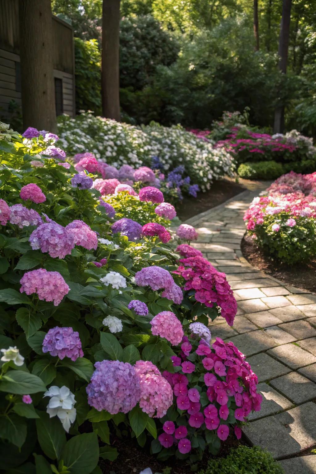 Brilliant big bloom flowers and sun-shy petals adding color to the shade.