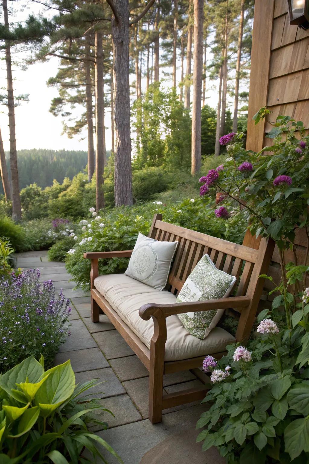 A wooden bench presents a serene location to unwind in a dim corner.