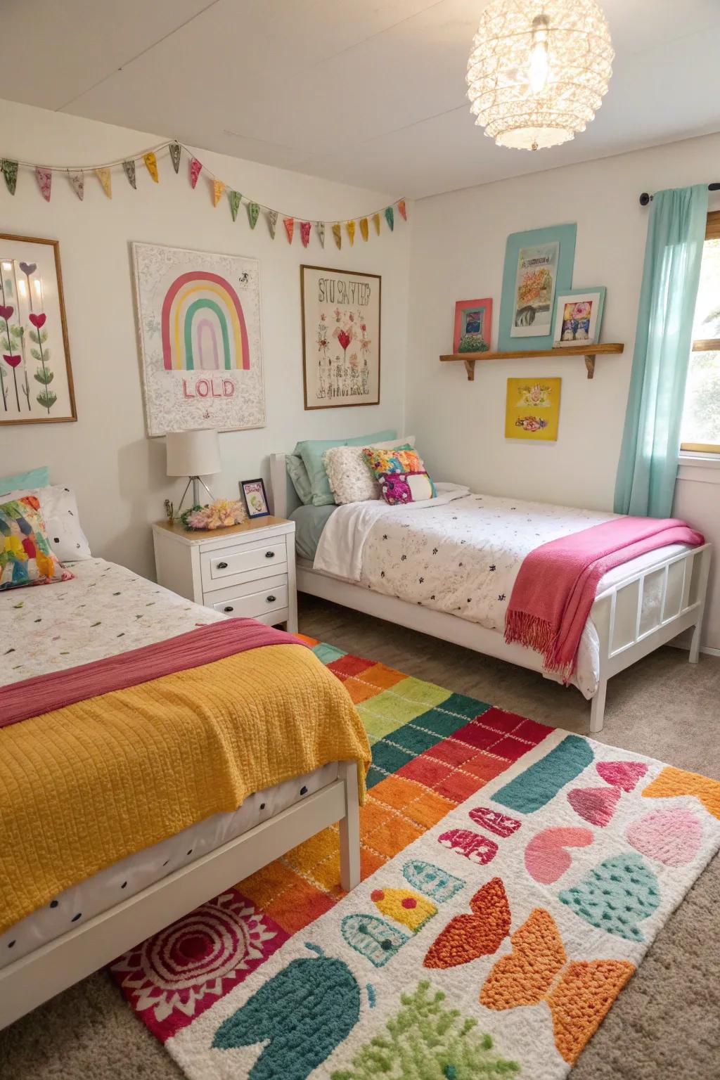 L-shaped beds create an open area, perfect for a lively central space.