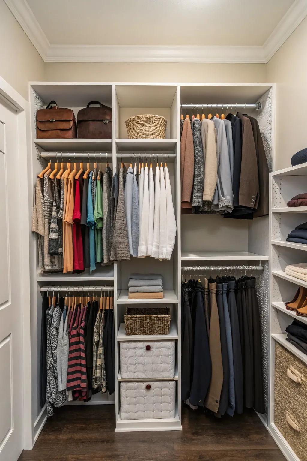 A closet making effective use of vertical space with tall shelves and double rods.