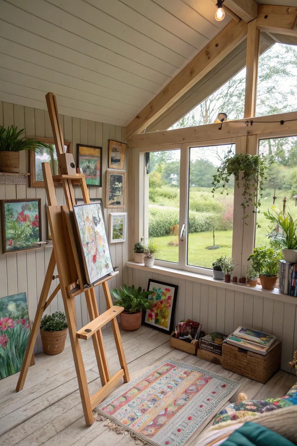 A calm and inspiring space for art projects in a she shed.