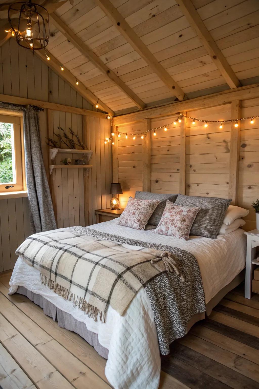 Delicate home furnishings transform a basic shed into a relaxing retreat.