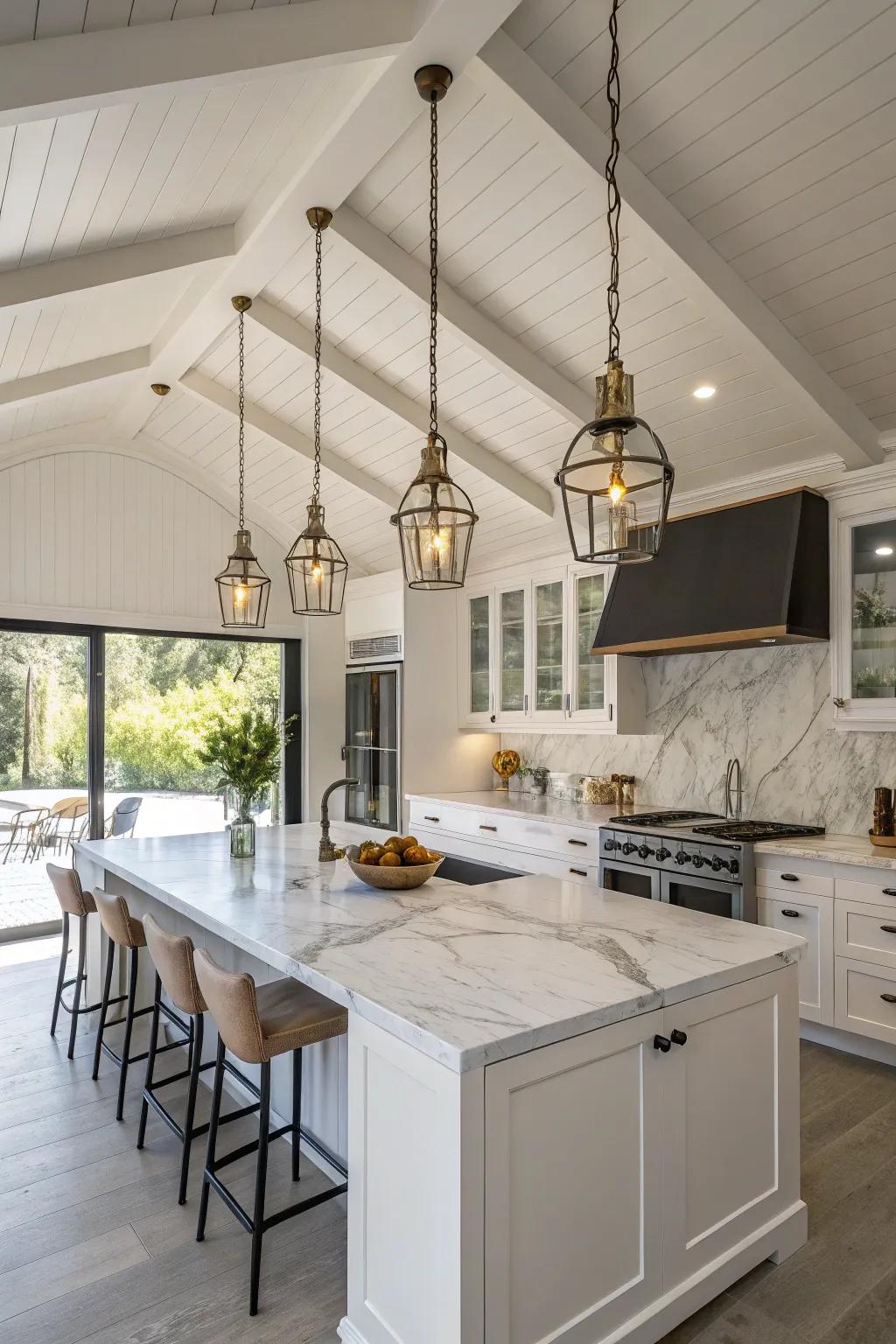 A modern kitchen features hanging lights that accentuate the shed ceiling.