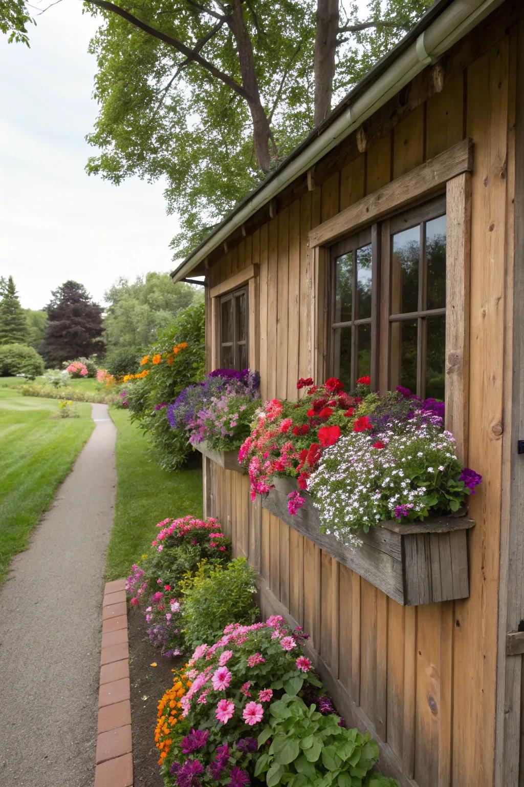 Planter boxes brimming with vibrant flowers create an inviting atmosphere.